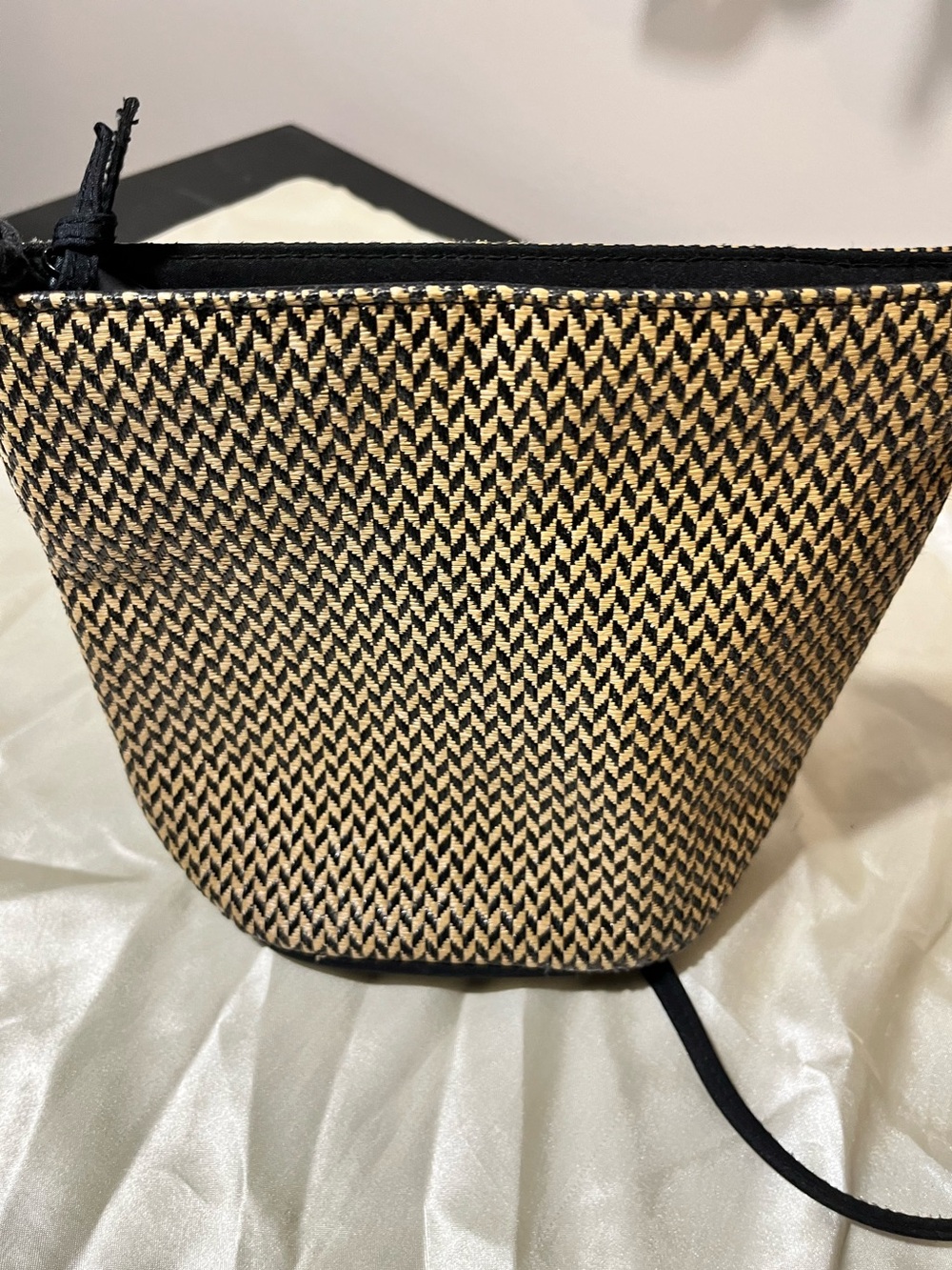 Woven Straw Crossbody Bag in Black and Natural